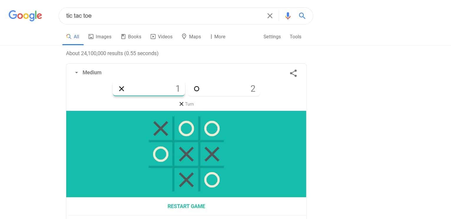 Tic Tac Toe Terni Lapilli -Google easter eggs games