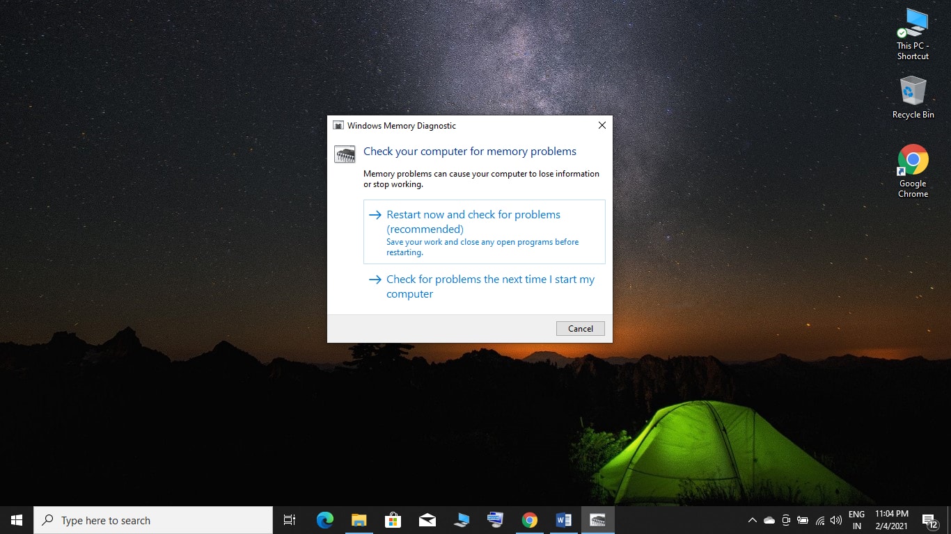 Windows Memory Diagnostic App screen will appear