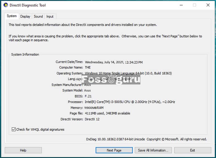 System tab on the DirectX Diagnostic Tool