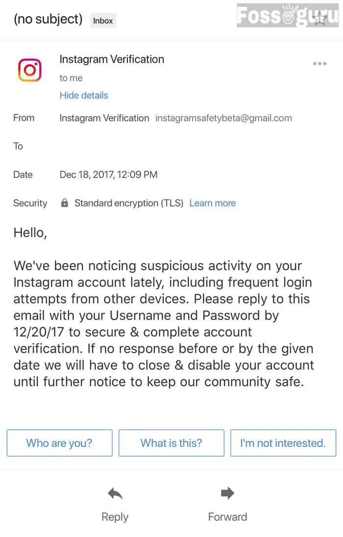Instagram Security Email Scam