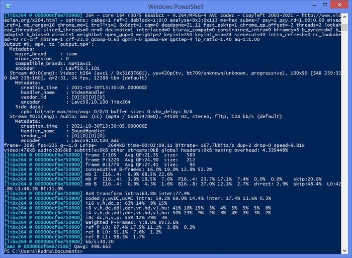 “ffmpeg -i inputfile -filterv crop=whxy outputfile” on the powershell window.