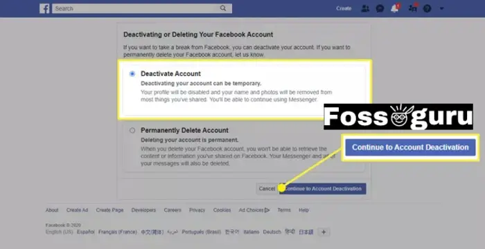 deactivate a Facebook account 3