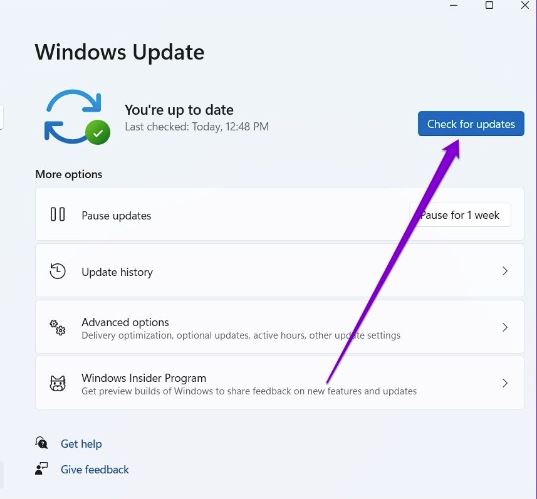 Click on Check for Updates in the Windows Update area to install any available updates