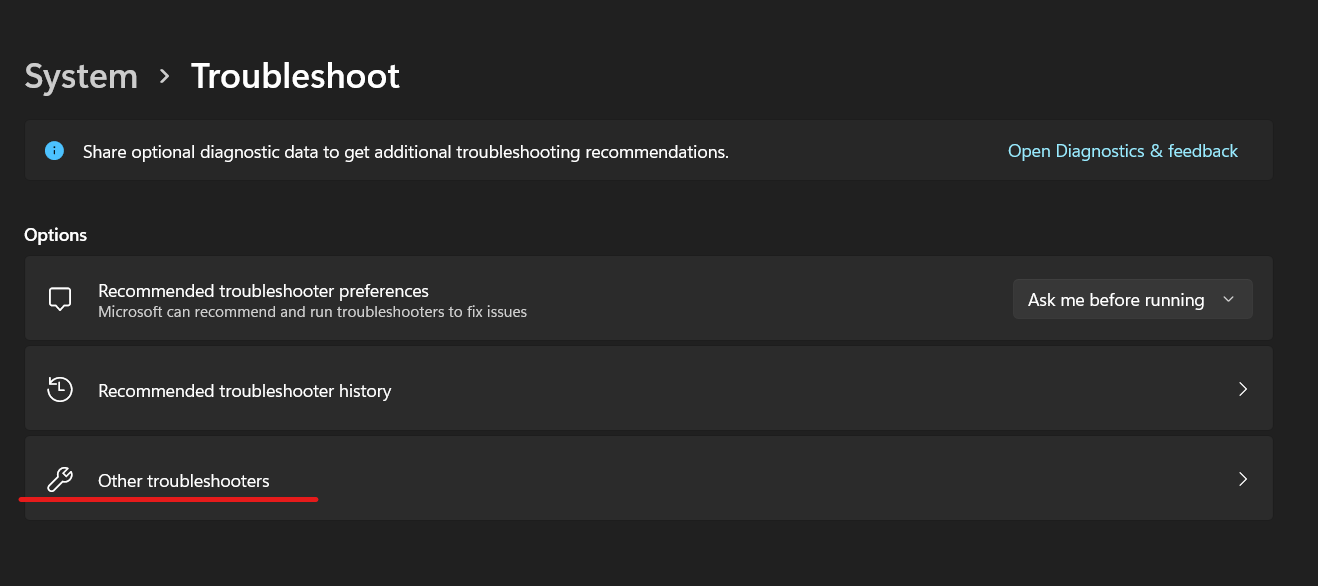Open ‘Troubleshoot Settings’ & Click ‘Other Troubleshooters’