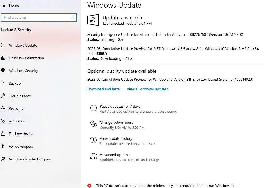 Select Windows Update from the left side of the window