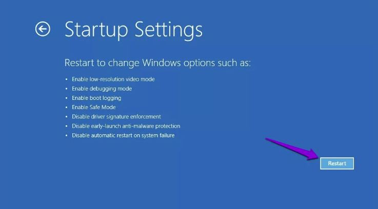 startup setting- restart to change Windows options