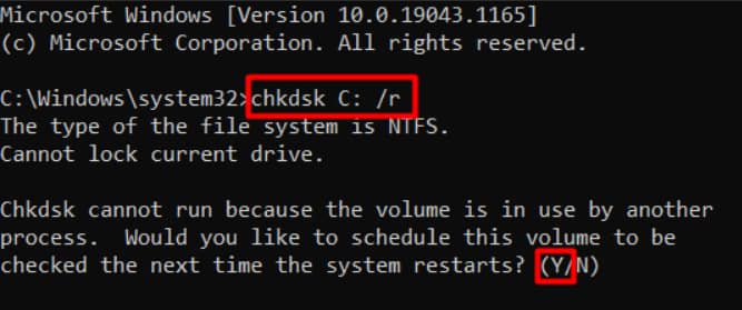 write chkdsk X r by replacing X with your hard drive's alloted letter