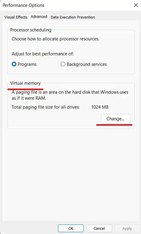 Performance options- Virtual memory