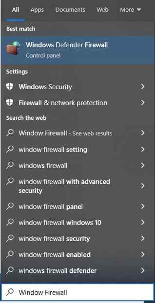 Press the Windows key and write Windows firewall on the windows search box.