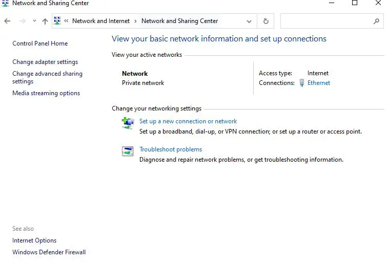 Open Network and Sharing Center and click Change Adapter Settings from the left-hand panel.