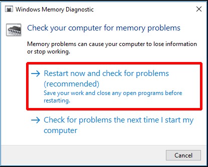 Windows Memory Diagnostic-Check for issues by clicking Restart Now (recommended)