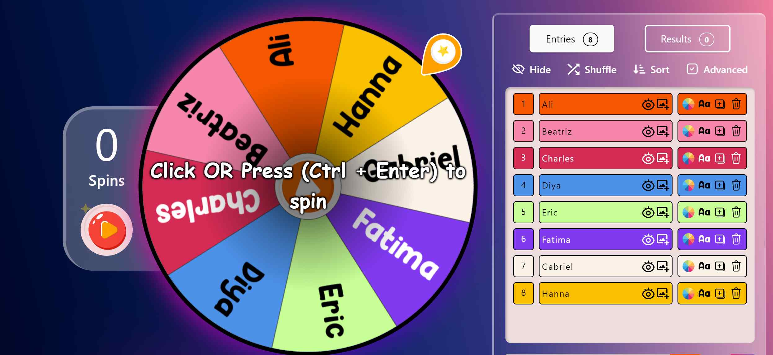 Online Spin Wheel is a great tool for choosing one candidate or option for an extensive range of class and educational activities like selecting winners, initiating conversation, drama play, telling stories, games, and other fun affairs. 