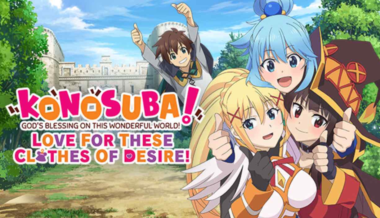 Promotional poster for 'KonoSuba: God's Blessing on This Wonderful World! (2019)' featuring the main characters Kazuma, Aqua, Megumin, and Darkness in a fantasy setting.