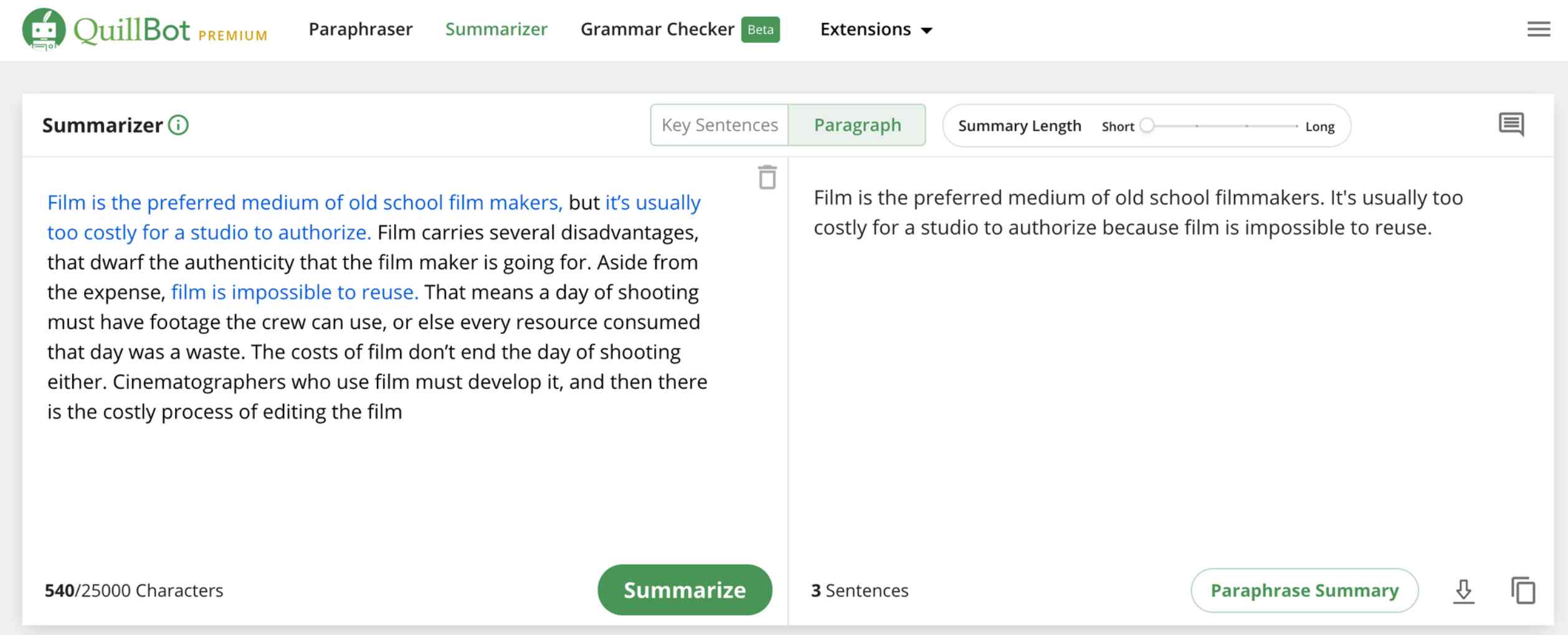 Quilbot Summarizer is an excellent tool for summarizing the key points.